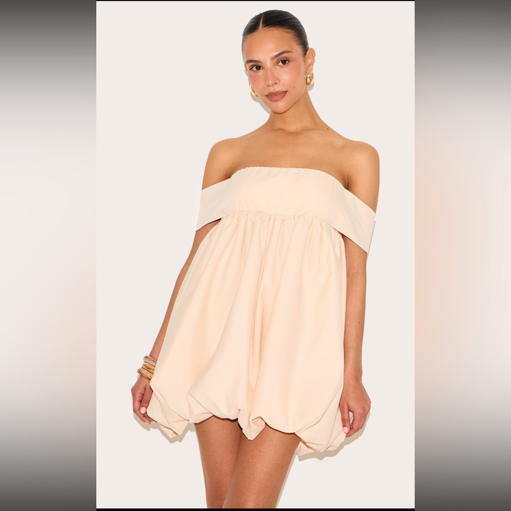 Petite Peach Bardot Puffball Mini Dress